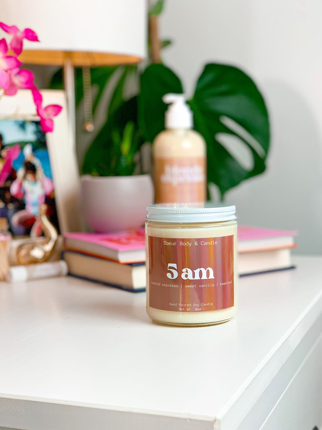 5am Soy Wax Candle with coffee scents of roasted espresso, sweet vanilla, and hazelnut that lasts up to 45 hours! Cruelty-free, vegan, handmade, paraben and phthalate free, and sustainably packaged.