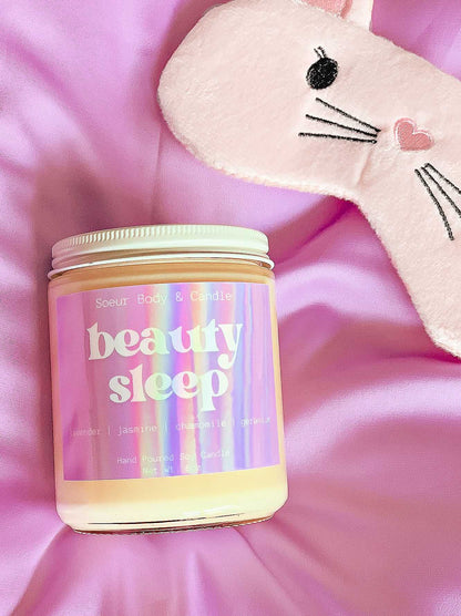 Beauty Sleep Soy Wax Candle with scents of lavender, jasmine, chamomile, and geranium that lasts up to 45 hours! Cruelty-free, vegan, handmade, paraben and phthalate free, and sustainably packaged.