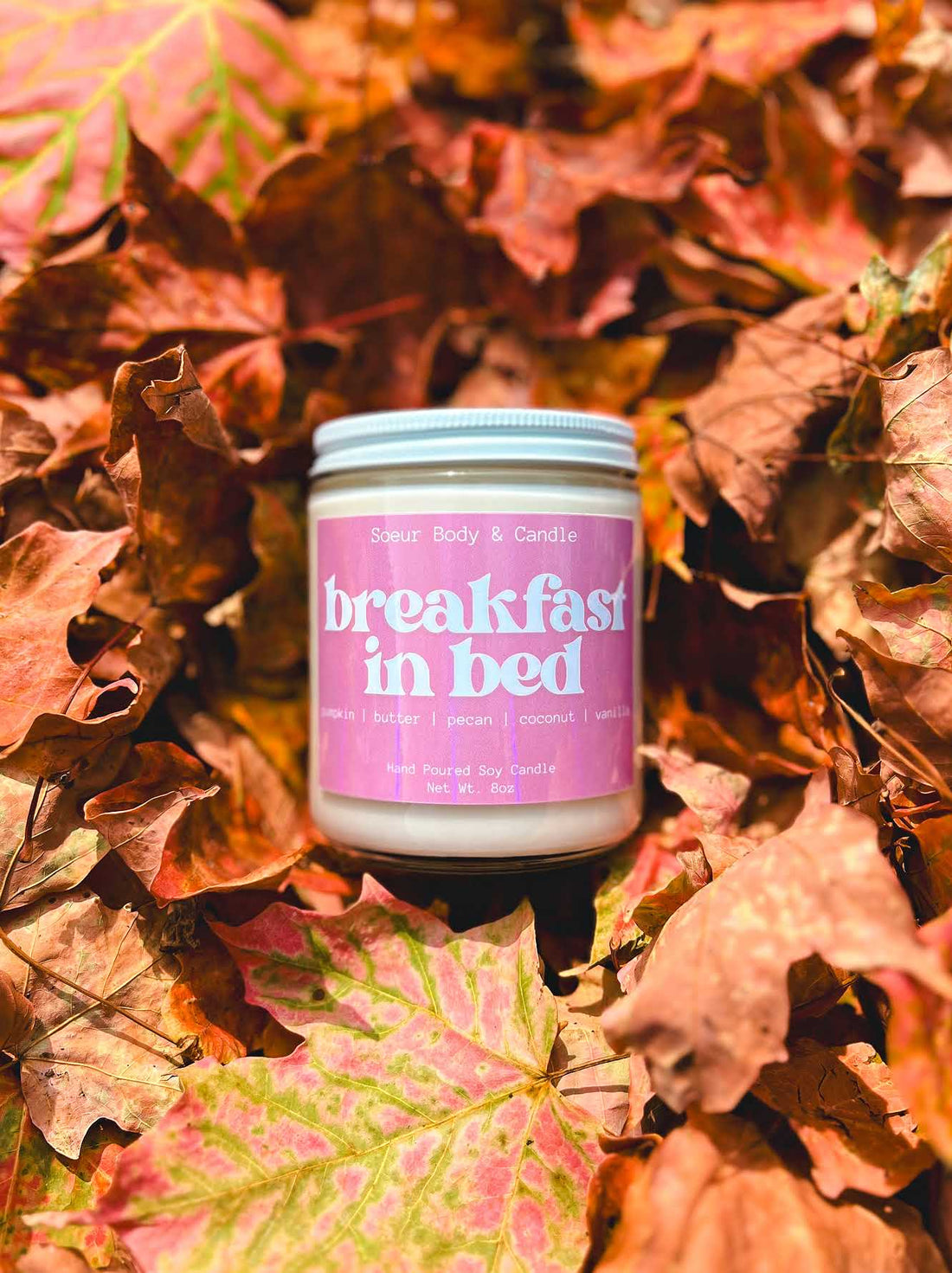 Breakfast in Bed Soy Wax Candle with scents of pumpkin, butter, pecan, coconut, and vanilla that lasts up to 45 hours! Cruelty-free, vegan, handmade, paraben and phthalate free, and sustainably packaged.