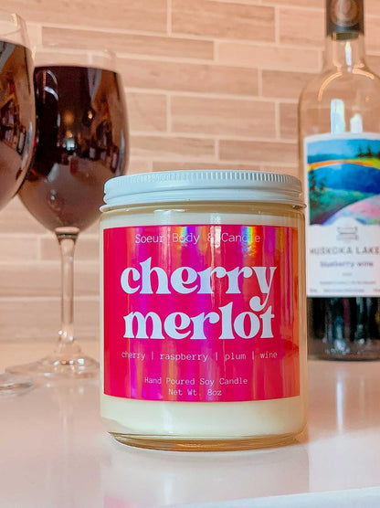 Cherry Merlot Soy Wax Candle with scents of cherry, raspberry, plum, and wine that lasts up to 45 hours! Cruelty-free, vegan, handmade, paraben and phthalate free, and sustainably packaged.