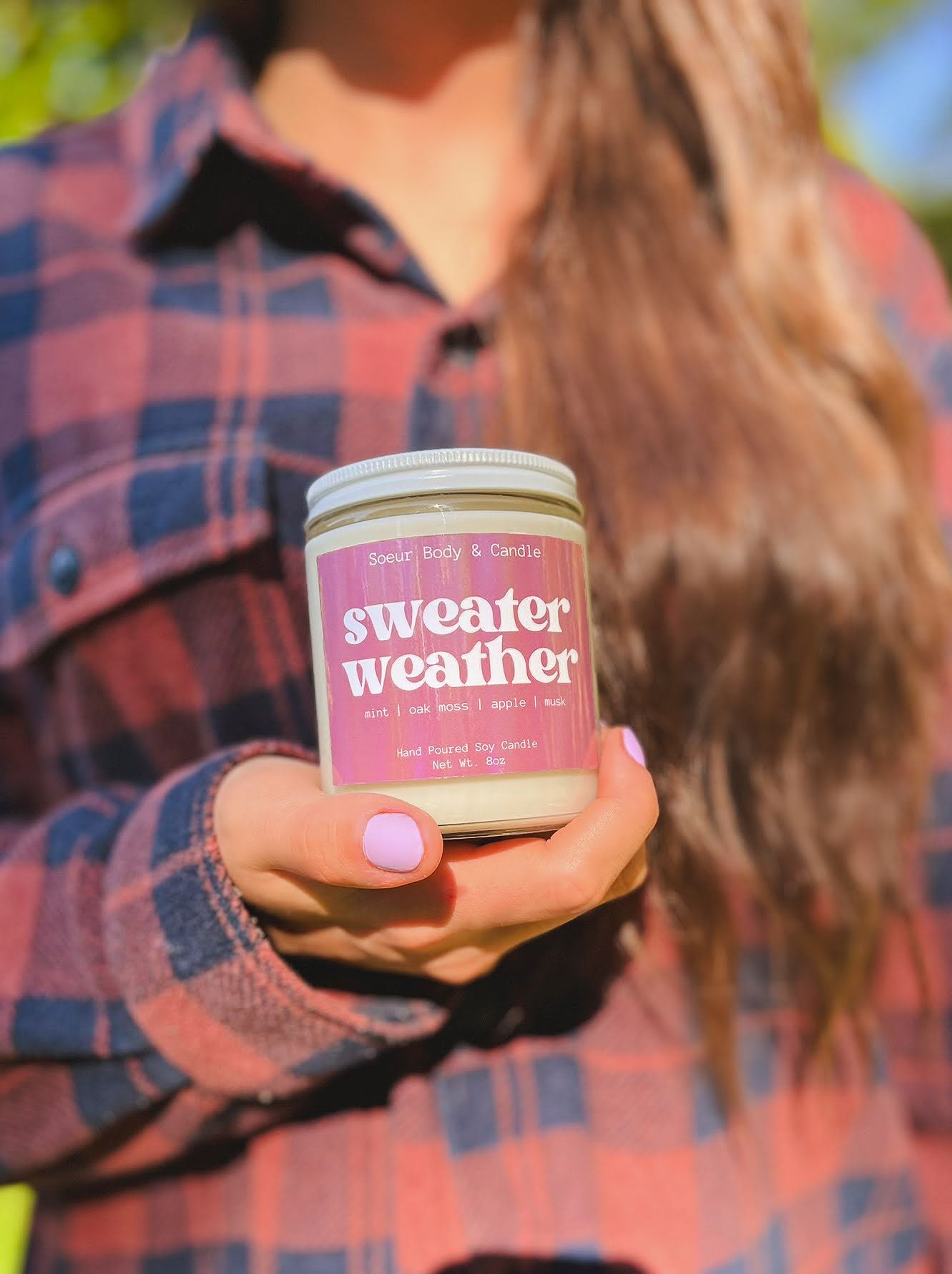 Sweater Weather Soy Wax Candle with scents of mint, oak moss, apple, and musk that lasts up to 45 hours! Cruelty-free, vegan, handmade, paraben and phthalate free, and sustainably packaged.