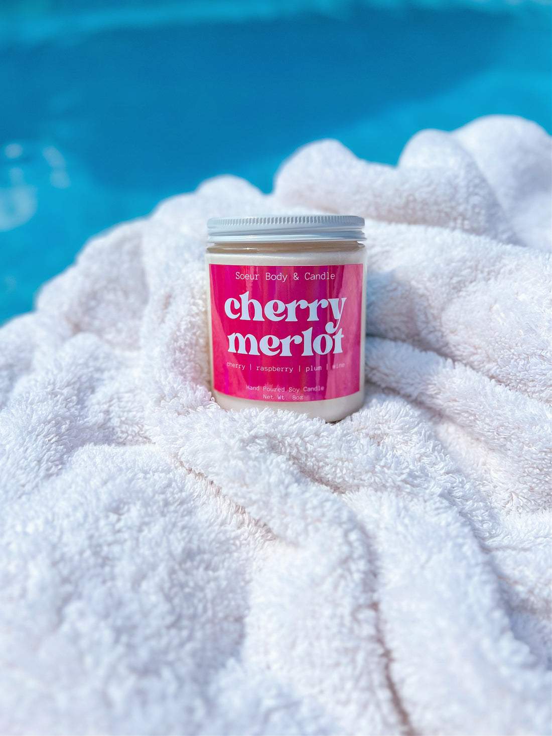 Cherry Merlot Soy Wax Candle with scents of cherry, raspberry, plum, and wine that lasts up to 45 hours! Cruelty-free, vegan, handmade, paraben and phthalate free, and sustainably packaged.