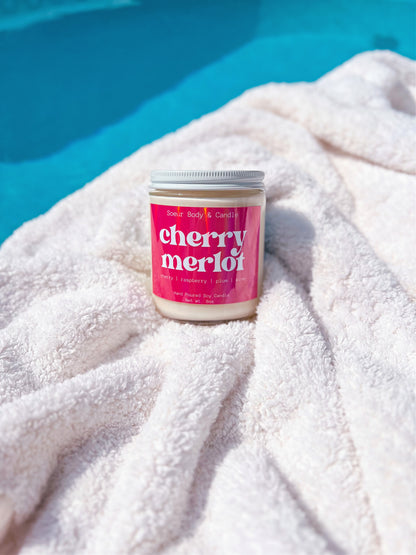 Cherry Merlot Soy Wax Candle with scents of cherry, raspberry, plum, and wine that lasts up to 45 hours! Cruelty-free, vegan, handmade, paraben and phthalate free, and sustainably packaged.