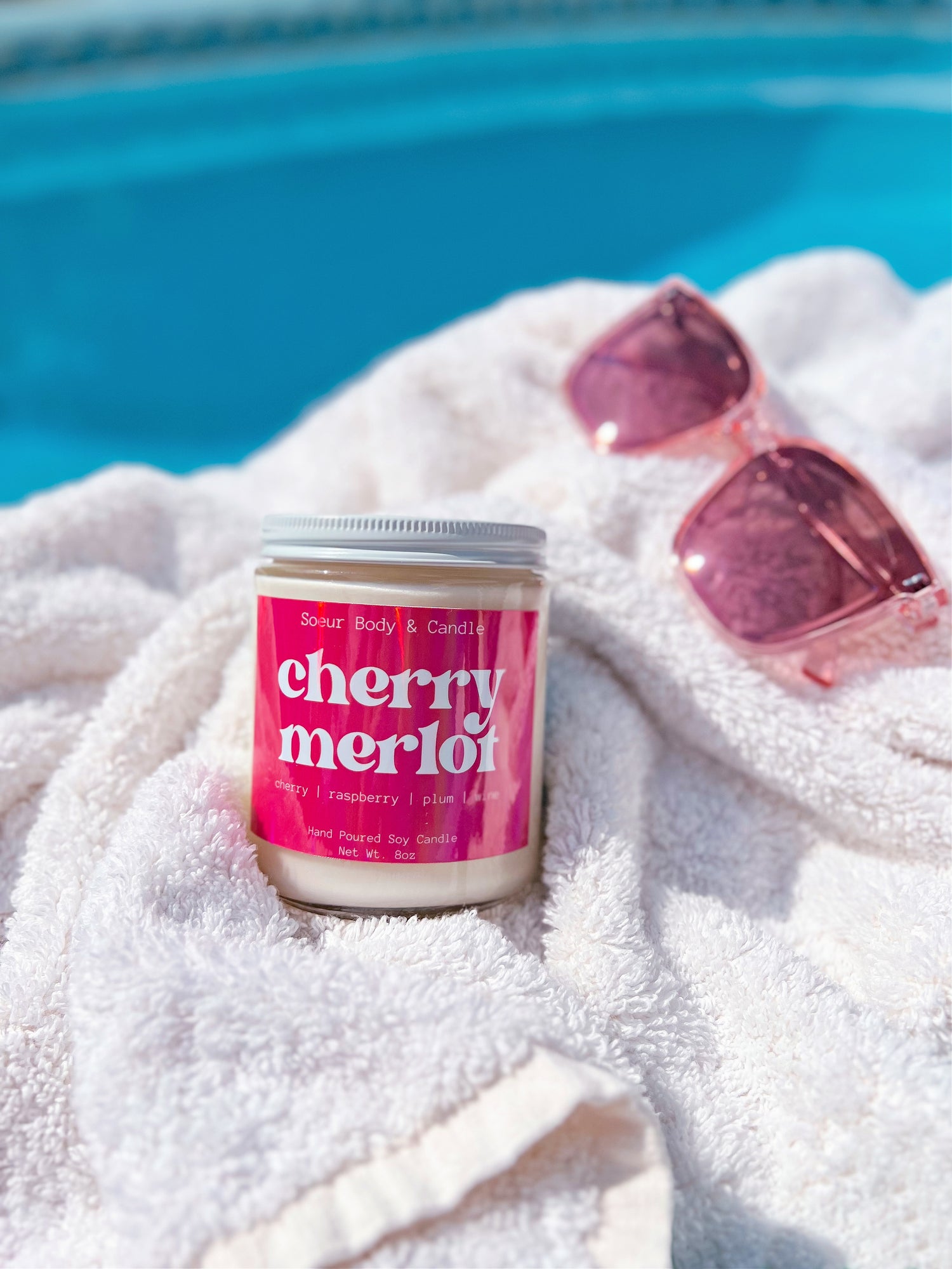 Cherry Merlot Soy Wax Candle with scents of cherry, raspberry, plum, and wine that lasts up to 45 hours! Cruelty-free, vegan, handmade, paraben and phthalate free, and sustainably packaged.