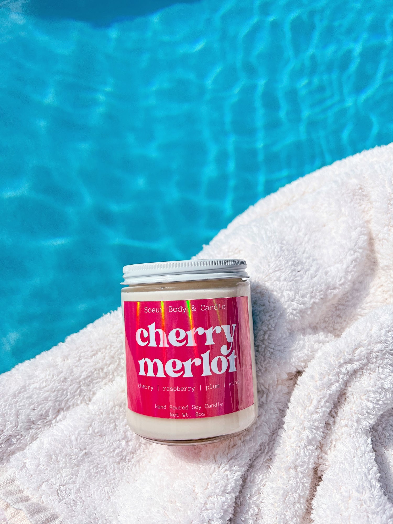 Cherry Merlot Soy Wax Candle with scents of cherry, raspberry, plum, and wine that lasts up to 45 hours! Cruelty-free, vegan, handmade, paraben and phthalate free, and sustainably packaged.