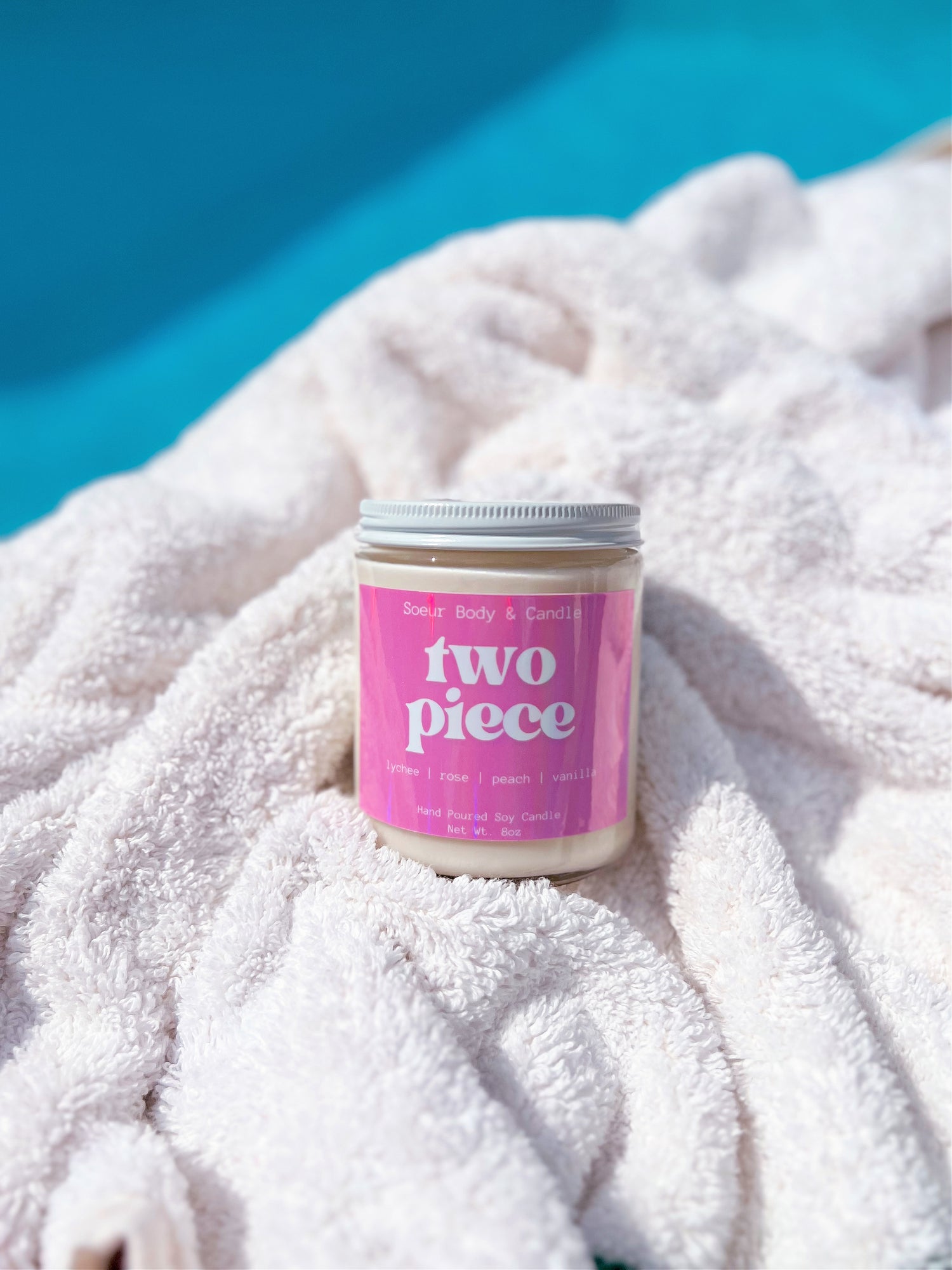 Two Piece Soy Wax Candle with scents of lychee, rose, peach, and vanilla that lasts up to 45 hours! This candle is cruelty-free, vegan, handmade, paraben and phthalate free, and sustainably packaged.