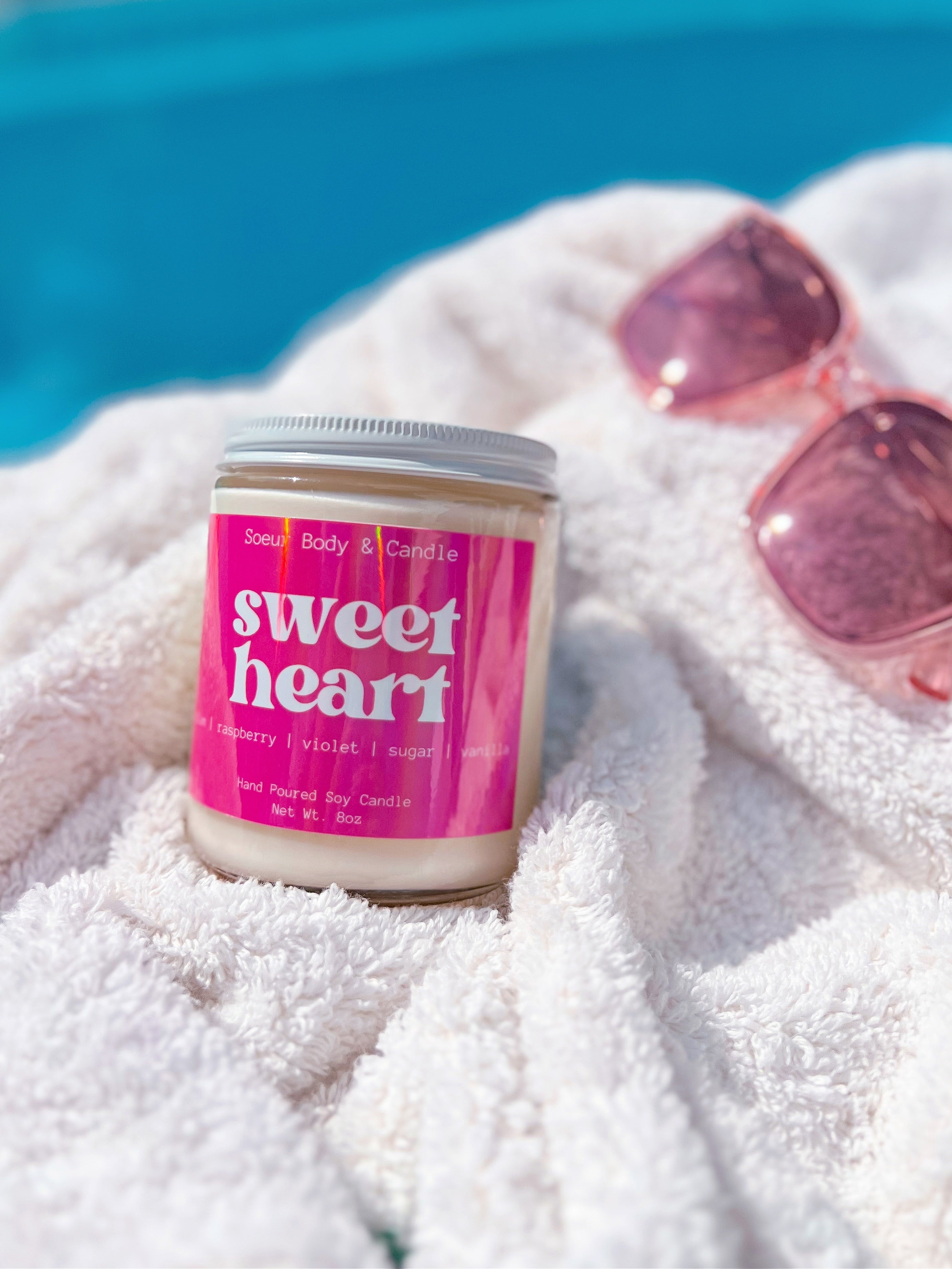 Sweet Heart Soy Wax Candle with scents of plum, raspberry, violet, sugar, and vanilla that lasts up to 45 hours! This candle is cruelty-free, vegan, handmade, paraben and phthalate free, and sustainably packaged.