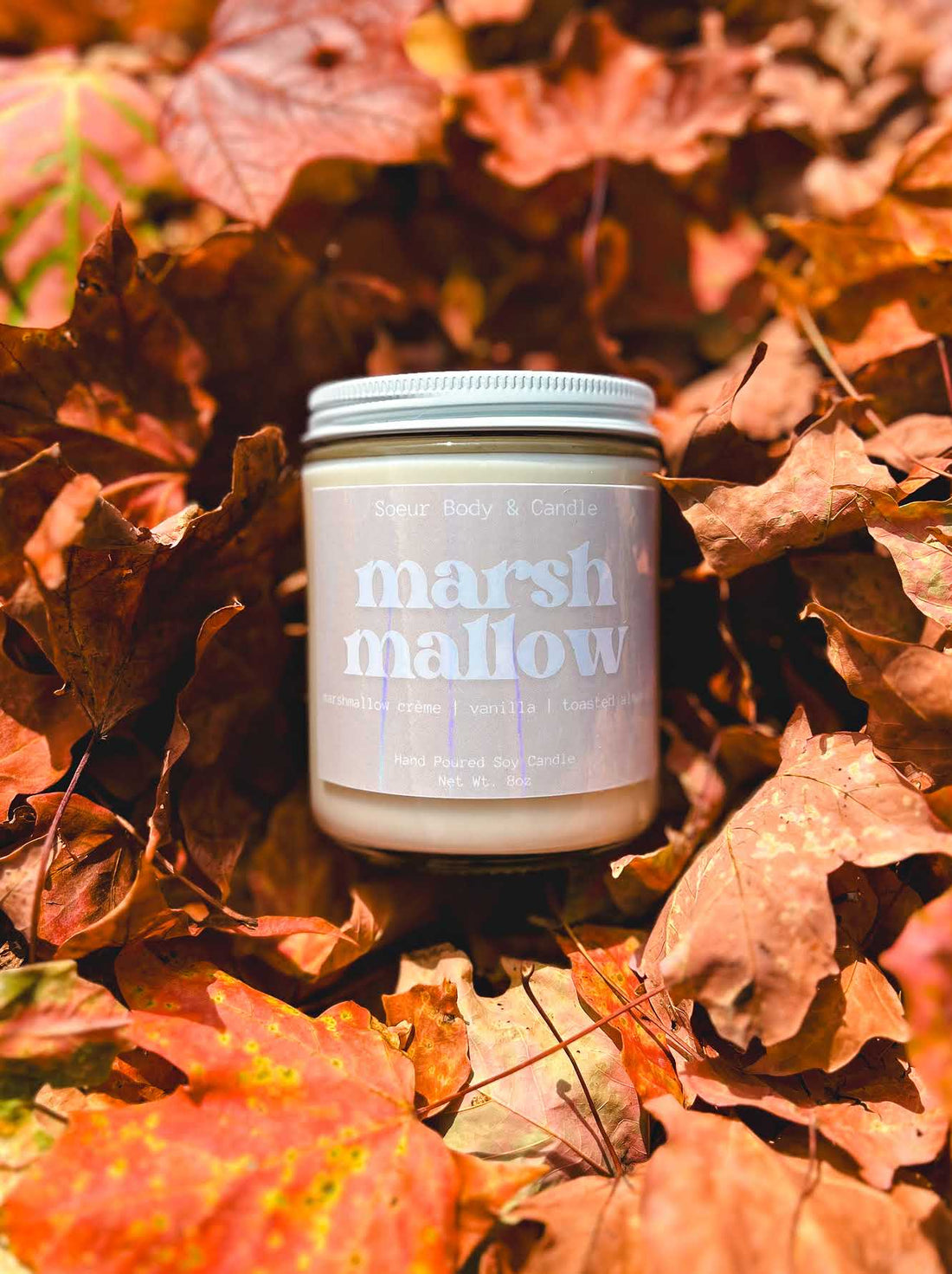 Marshmallow Soy Wax Candle with scents of marshmallow crème, vanilla, and toasted almond that lasts up to 45 hours! Cruelty-free, vegan, handmade, paraben and phthalate free, and sustainably packaged.