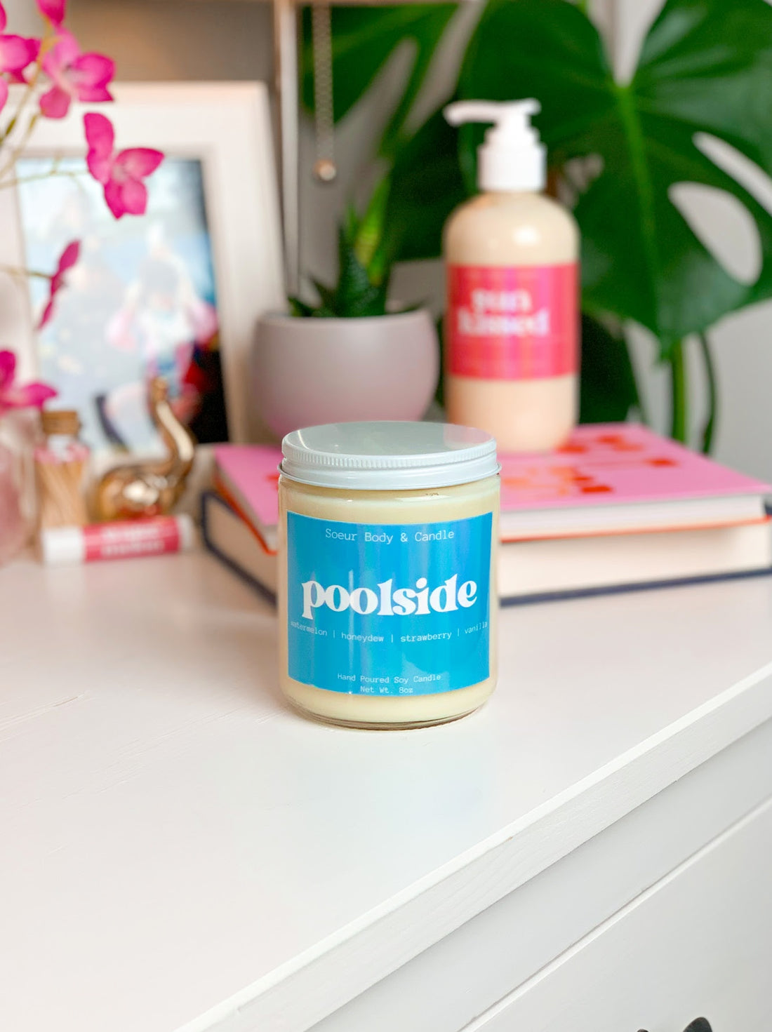 Poolside Soy Wax Candle with scents of watermelon, honeydew, strawberry, and vanilla that lasts up to 45 hours! This candle is cruelty-free, vegan, handmade, paraben and phthalate free, and sustainably packaged.