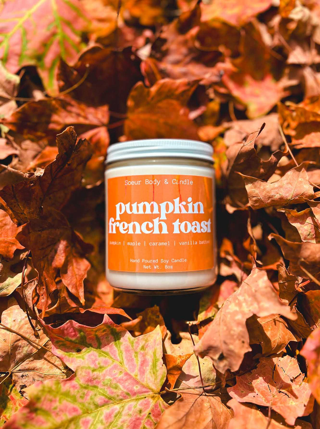 Pumpkin French Toast Soy Wax Candle with scents of pumpkin, maple, caramel, and vanilla batter that lasts up to 45 hours! Cruelty-free, vegan, handmade, paraben and phthalate free, and sustainably packaged.