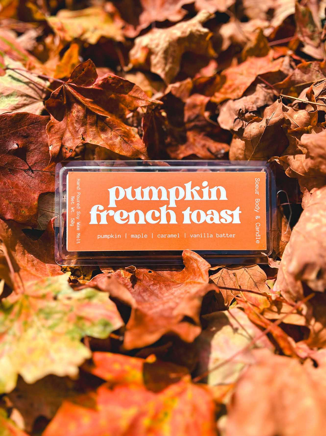 Pumpkin French Toast Soy Wax Melt with scents of pumpkin, maple, caramel, and vanilla batter that lasts up to 25 hours! Cruelty-free, vegan, handmade, paraben and phthalate free, and sustainably packaged.