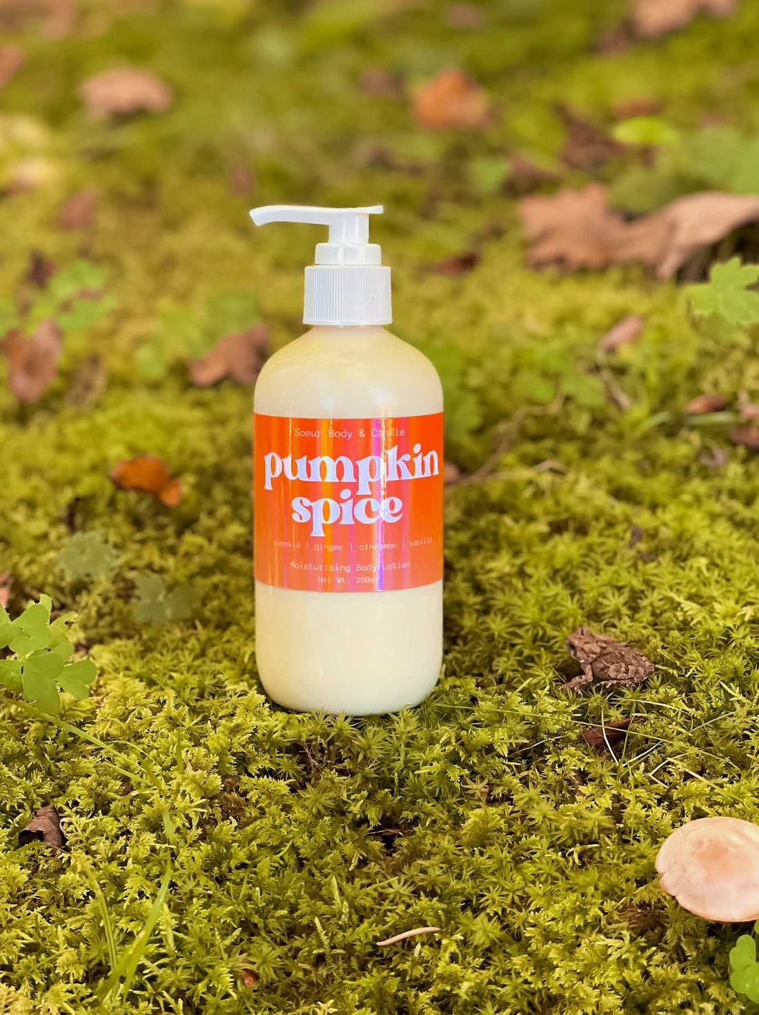 Pumpkin Spice Body Lotion featuring hemp oil for moisturizing with a pumpkin, ginger, cinnamon, and vanilla scent. Cruelty-free, vegan, and sustainably packaged. Ideal for keeping your skin soft and hydrated during the fall season!