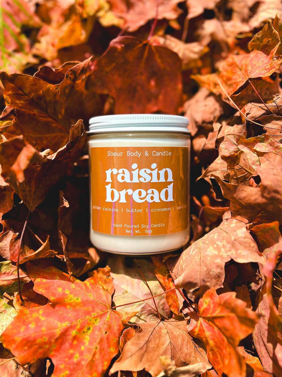 Raisin Bread Soy Wax Candle with scents of golden raisins, butter, cinnamon, and vanilla that lasts up to 45 hours! Cruelty-free, vegan, handmade, paraben and phthalate free, and sustainably packaged.