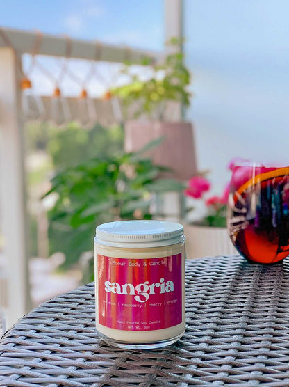 Sangria Soy Wax Candle with scents of red wine, raspberry, cherry, and orange that lasts up to 45 hours! This candle is cruelty-free, vegan, handmade, paraben and phthalate free, and sustainably packaged.