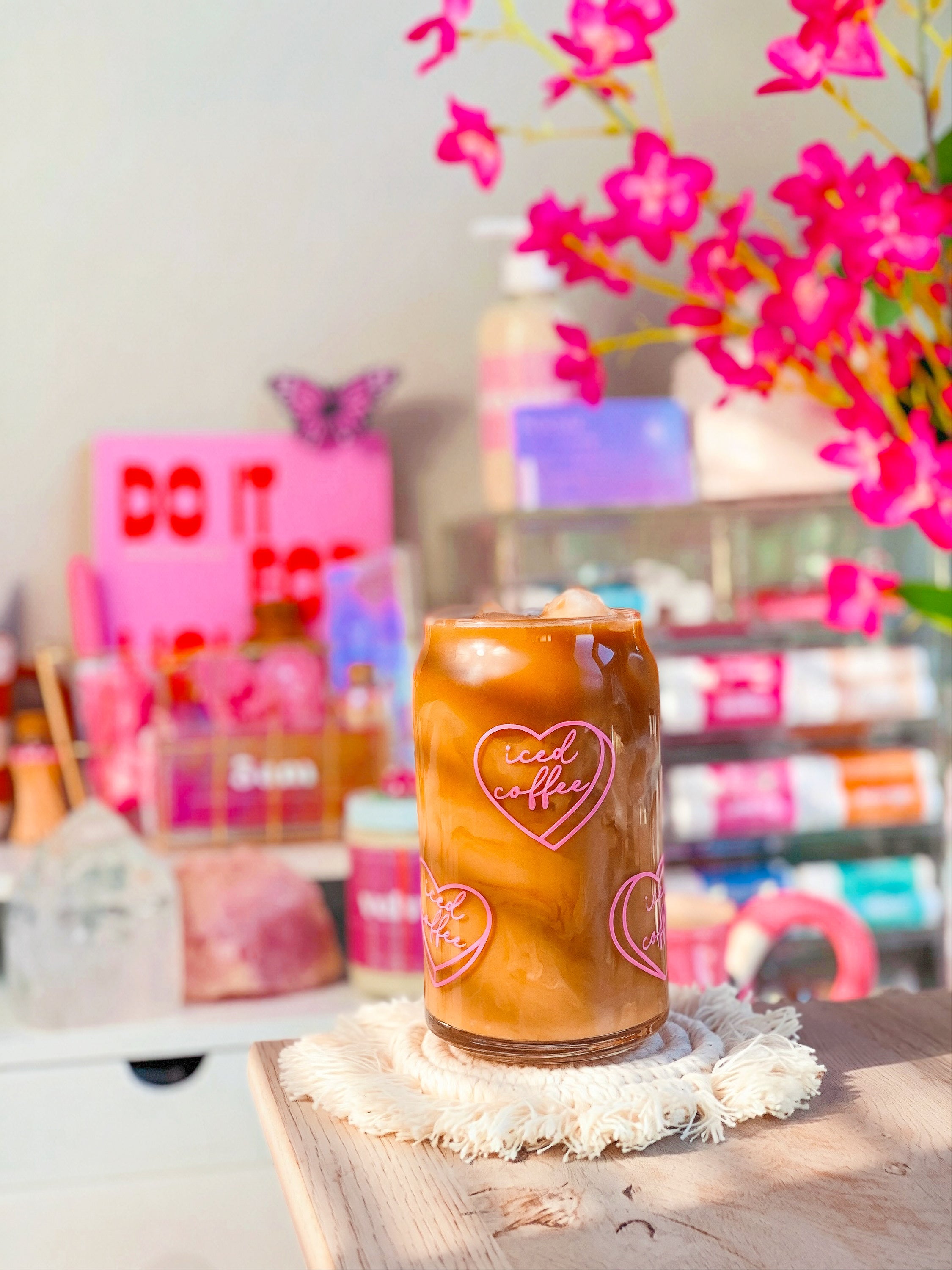 Pink Heart Iced Coffee Glass Cup