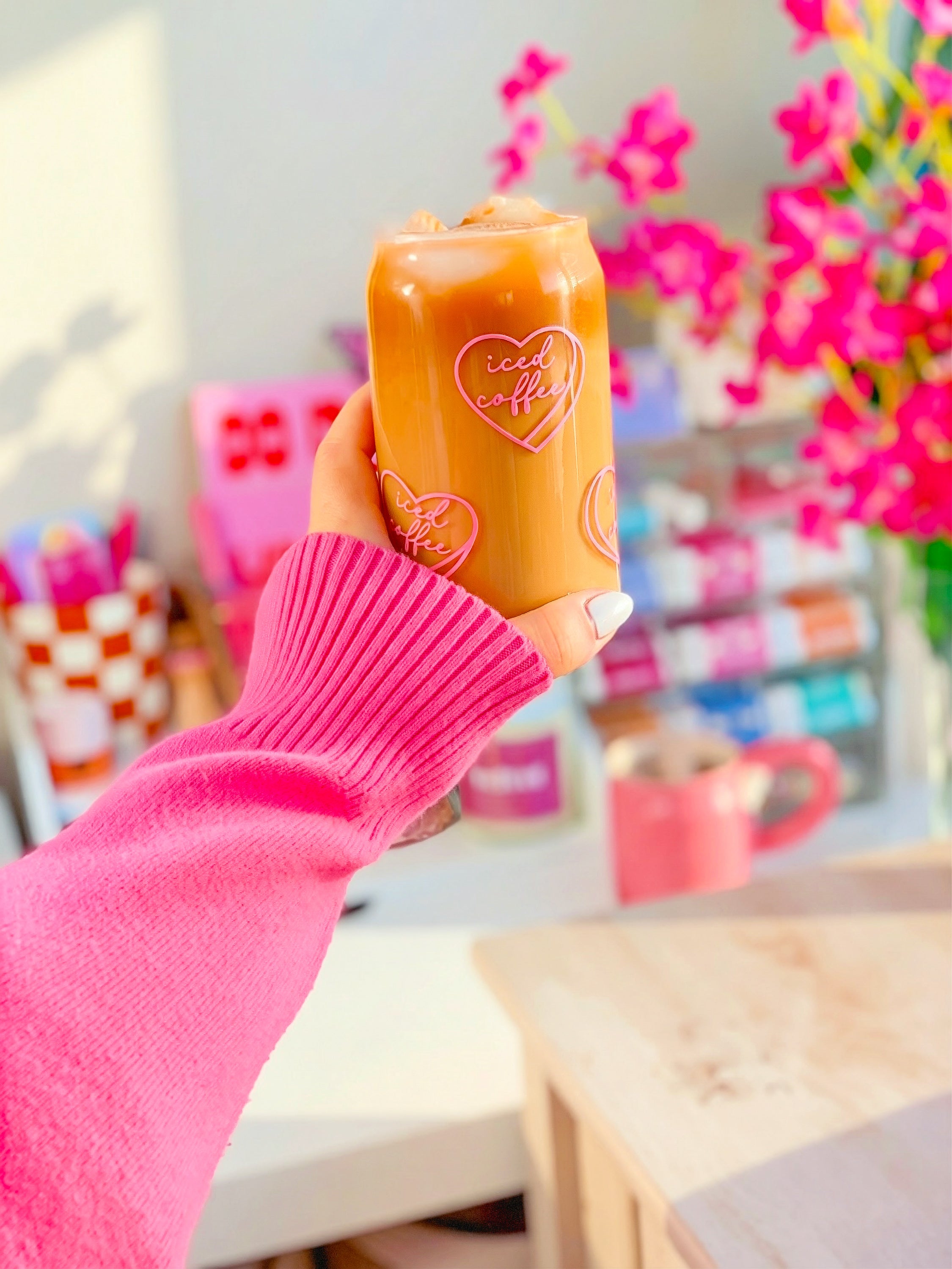Pink Heart Iced Coffee Glass Cup