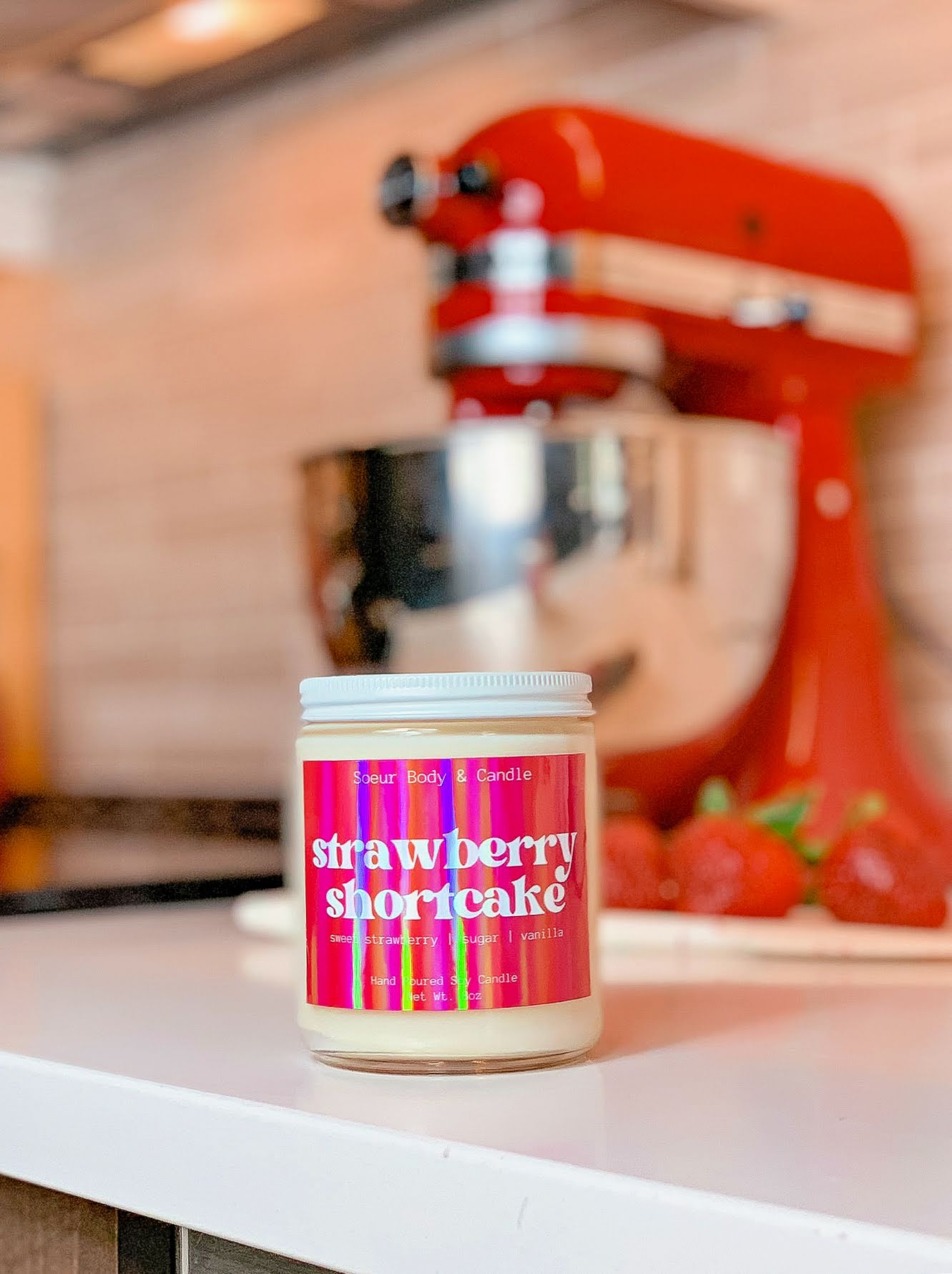 Strawberry Shortcake Soy Wax Candle with scents of sweet strawberry, sugar, and vanilla that lasts up to 45 hours! This candle is cruelty-free, vegan, handmade, paraben and phthalate free, and sustainably packaged.