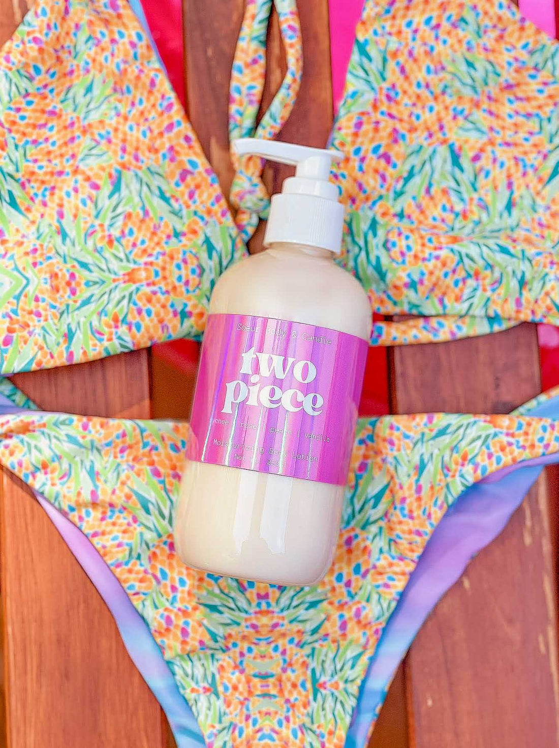 Two Piece Body Lotion featuring hemp oil for moisturizing with a lychee, rose, peach, and vanilla scent. Cruelty-free, vegan, and sustainably packaged.