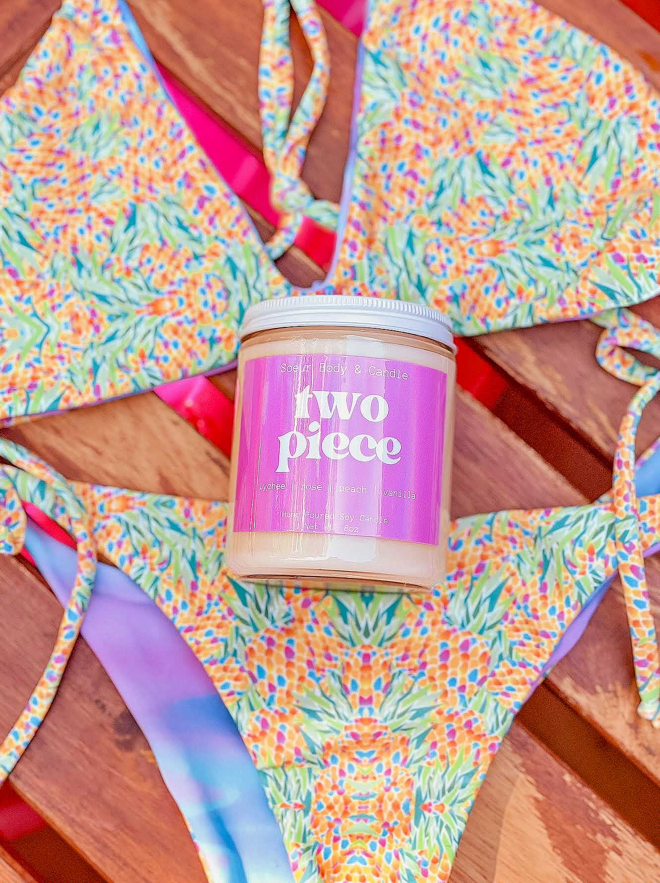 Two Piece Soy Wax Candle with scents of lychee, rose, peach, and vanilla that lasts up to 45 hours! This candle is cruelty-free, vegan, handmade, paraben and phthalate free, and sustainably packaged.