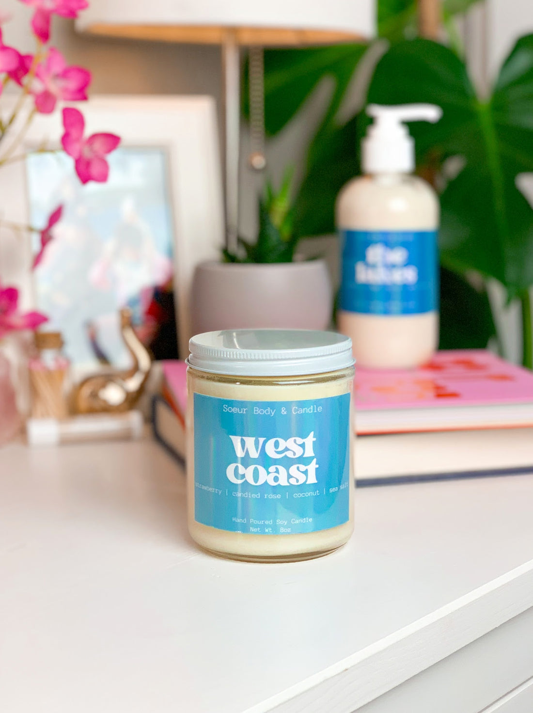 West Coast Soy Wax Candle with scents of strawberry, candied rose, coconut, and sea salt that lasts up to 45 hours! This candle is cruelty-free, vegan, handmade, paraben and phthalate free, and sustainably packaged.